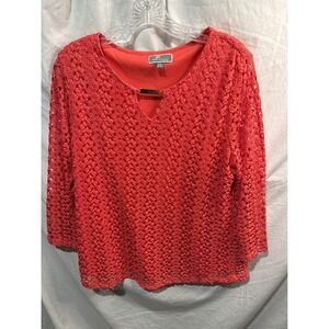 JM Collection Petite Coral Crochet Lace Top Gold Hardware Accent PXL